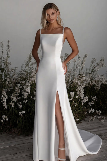 Robe de mariée simple en satin ivoire avec fente